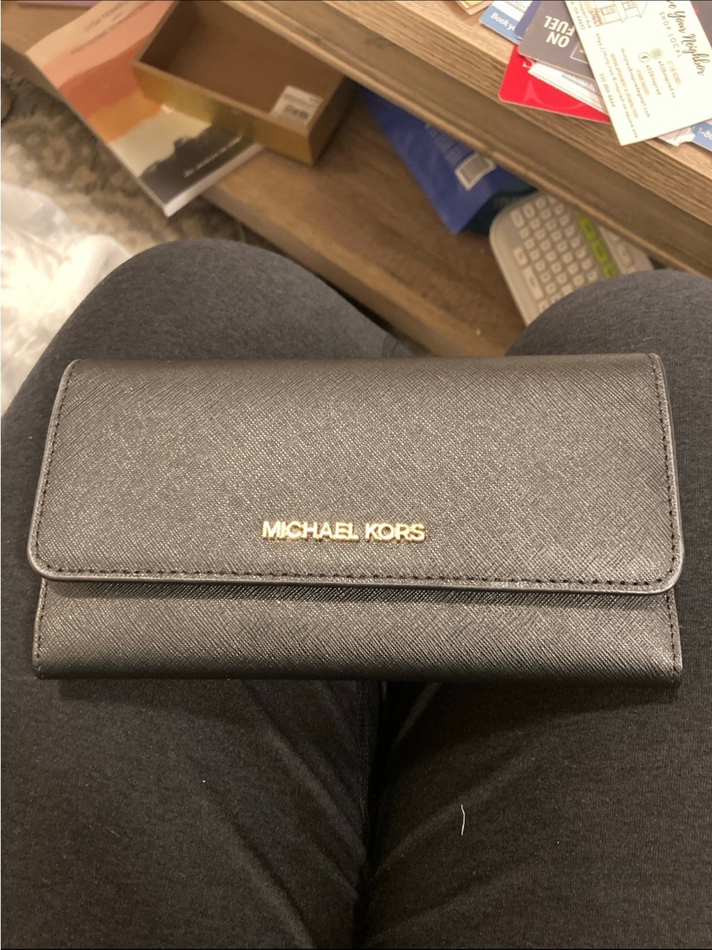 Michael Kors Black Saffiano Fold-Over Wallet with Gold Logo